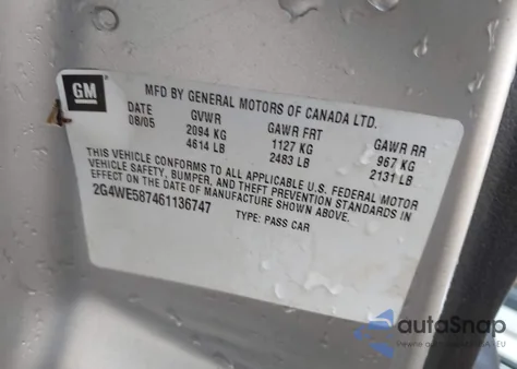 2006 Buick Lacrosse Cxs z USA, uszkodzony, nr VIN 2G4WE587461136747